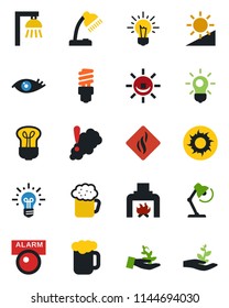 Color and black flat icon set - sun vector, eye, brightness, desk lamp, fireplace, beer, smoke detector, bulb, energy saving, outdoor, alarm led, palm sproute, idea