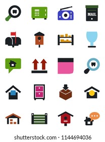 Color and black flat icon set - safe vector, bird house, container, fragile, warehouse storage, up side sign, package, search cargo, rack, radio, blank box, archive, mailbox, home message