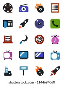 Color and black flat icon set - alarm clock vector, abacus, stamp, sickle, plant label, reel, vinyl, flame disk, radio, tv, phone, call, office, rocket