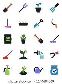 Color and black flat icon set - job vector, flower in pot, garden fork, shovel, farm, rake, seedling, watering can, sproute, pruner, hoe, sickle, sprayer, fertilizer