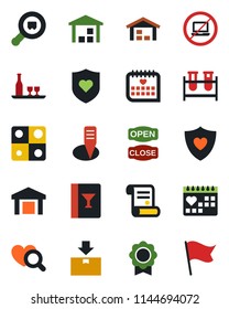 Color and black flat icon set - no laptop vector, contract, plant label, blood test vial, heart diagnostic, shield, medical calendar, warehouse, package, search cargo, application, sertificate, flag