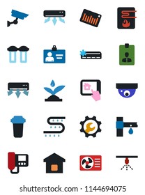 Color and black flat icon set - identity card vector, drip irrigation, barcode, root setup, air conditioner, smart home, water heater, intercome, control app, filter, surveillance, sprinkler