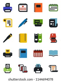 Color and black flat icon set - contract vector, book, pen, notepad, calendar, printer, medical, news, copybook