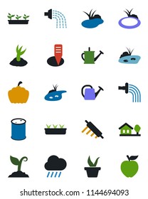 Color and black flat icon set - seedling vector, watering can, sproute, rain, plant label, pumpkin, pond, oil barrel, house with tree, rolling pin, apple fruit