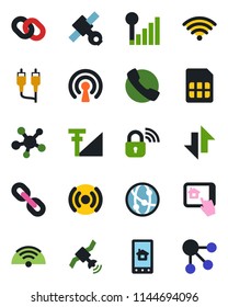 Color and black flat icon set - satellite vector, network, share, chain, rca, call, sim, data exchange, cellular signal, wireless, lock, home control app, social media