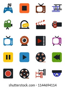 Color and black flat icon set - ticket office vector, clapboard, film frame, reel, tv, gamepad, video camera, play button, pause, stop, rewind, record, web, surveillance