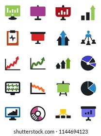 Color and black flat icon set - growth statistic vector, presentation board, monitor, circle chart, pulse, clipboard, statistics, pie graph, hierarchy, arrow up, crisis