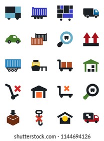 Color and black flat icon set - truck trailer vector, cargo container, car delivery, sea port, consolidated, warehouse storage, up side sign, no trolley, hook, package, search, moving