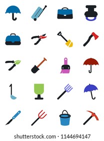 Color and black flat icon set - suitcase vector, umbrella, job, shovel, farm fork, bucket, pruner, axe, scalpel, fragile, themes, case, stamp, ladle, hard work