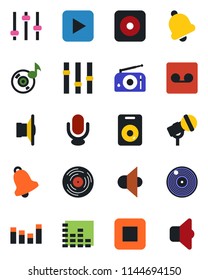 Color and black flat icon set - vinyl vector, microphone, radio, speaker, settings, equalizer, play button, stop, rec, tuning, bell, record, music, sound
