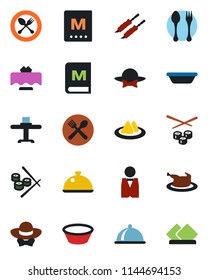 Color and black flat icon set - spoon and fork vector, waiter, dish, restaurant table, serviette, cafe, menu, dress code, chicken, kebab, bowl, sushi