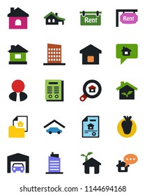 Color and black flat icon set - house vector, real heart, contract, with garage, estate document, rent, search, agent, smart home, city, eco, message