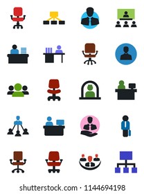 Color and black flat icon set - reception vector, office chair, manager place, client, user, company, desk, hierarchy, group