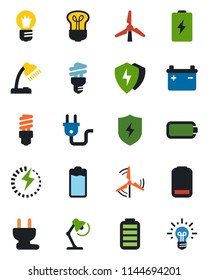 Color and black flat icon set - bulb vector, battery, low, protect, charge, desk lamp, windmill, power plug, energy saving, idea