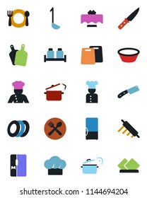 Color and black flat icon set - fridge vector, cook, restaurant table, cafe, hat, plates, salt and pepper, ladle, bowl, rolling pin, cutting board, knife, steaming pan, serviette