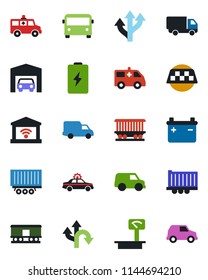 Color and black flat icon set - taxi vector, airport bus, alarm car, ambulance, route, railroad, truck trailer, delivery, heavy scales, garage, gate control, battery