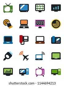 Color and black flat icon set - plane radar vector, wireless notebook, pc, statistic monitor, pulse, tv, touch screen, laptop, hdmi, statistics, intercome