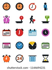 Color and black flat icon set - 24 around vector, alarm clock, flight table, calendar, heavy scales, manager, schedule, sand