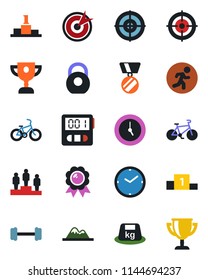Color and black flat icon set - pedestal vector, medal, barbell, bike, run, heavy, clock, stopwatch, target, mountains, award cup