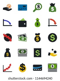 Color and black flat icon set - credit card vector, dollar sign, money bag, crisis graph, cash, receipt, wallet, growth, search, investment