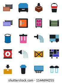 Color and black flat icon set - trash bin vector, checkroom, bucket, watering, truck trailer, cargo container, consolidated, package, oil barrel, archive box, water filter