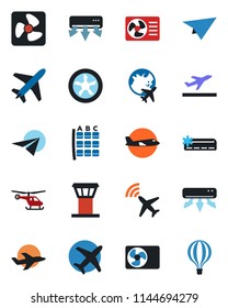 Color and black flat icon set - plane vector, airport tower, radar, departure, helicopter, seat map, globe, air conditioner, fan, paper, balloon