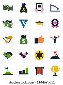 Color and black flat icon set - dispatcher vector, handshake, medal, graduate, money bag, document, cash, finger up, bar graph, police, motivation, pennon, crisis, award cup