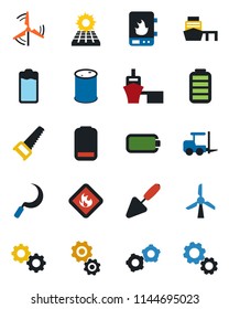 Color and black flat icon set - fork loader vector, gear, trowel, saw, sickle, sea port, flammable, oil barrel, battery, low, sun panel, windmill, water heater