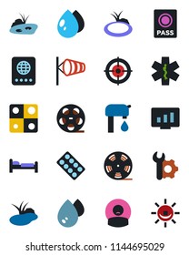 Color and black flat icon set - passport vector, bed, wind, statistic monitor, water drop, pond, pills blister, ambulance star, patient, reel, application, root setup, target, supply, alarm led