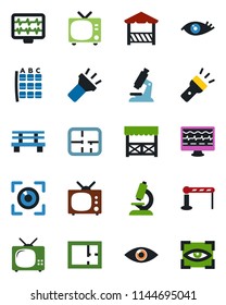 Color and black flat icon set - barrier vector, tv, seat map, bench, monitor pulse, microscope, eye, torch, plan, alcove, scan