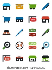 Color and black flat icon set - 24 around vector, shop, pen, store, search cargo, sale, sold signboard, cafe building, open close, cart, storefront