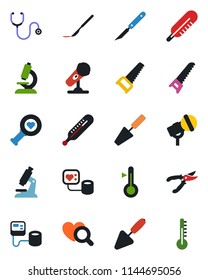 Color and black flat icon set - trowel vector, pruner, saw, stethoscope, blood pressure, thermometer, heart diagnostic, microscope, scalpel, microphone
