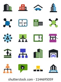 Color and black flat icon set - hierarchy vector, well, molecule, hospital, office building, garage, plan, home message