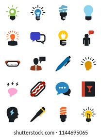 Color and black flat icon set - speaking man vector, pen, brainstorm, bulb, dialog, wine card, hot dog, energy saving, shining head, idea
