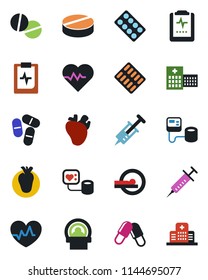 Color and black flat icon set - heart pulse vector, syringe, blood pressure, pills, blister, tomography, real, clipboard, hospital
