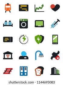 Color and black flat icon set - train vector, ticket, office binder, notebook pc, syringe, satellite, heart, mobile, protect, charge, support, paper tray, bathroom, salt and pepper, bread, washer