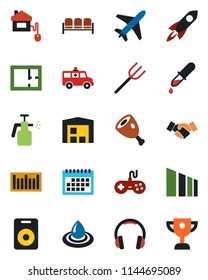 Color and black flat icon set - plane vector, waiting area, handshake, farm fork, garden sprayer, dropper, ambulance car, sorting, barcode, gamepad, headphones, speaker, calendar, warehouse, plan
