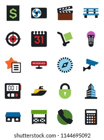 Color and black flat icon set - lock vector, bench, sea shipping, receipt, cargo, clapboard, remote control, favorites list, call, stopwatch, calendar, compass, office building, target, reserved