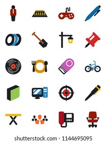 Color and black flat icon set - manager vector, pen, job, garden light, picnic table, bike, vinyl, gamepad, drawing pin, blank box, target, cafe, plates, intercome, pc, warm floor, usb flash, group