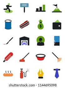 Color and black flat icon set - rake vector, hoe, plant label, garden sprayer, thermometer, scalpel, run, oil barrel, bar graph, ink pen, support, garage, fridge, bacon, bread, bowl, motivation, tie