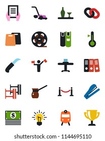 Color and black flat icon set - dispatcher vector, fence, train, document, lawn mower, garden knife, film frame, reel, chain, paper binder, book, stapler, alcohol, restaurant table, cutting board