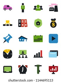 Color and black flat icon set - manager vector, notebook pc, tie, drawing pin, factory, play button, clock, alarm, calendar, bar graph, paper binder, hierarchy, mail, house with garage, group, car