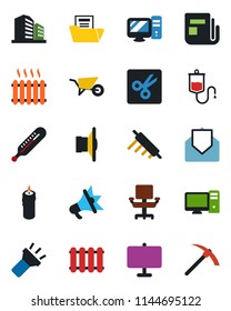 Color and black flat icon set - wheelbarrow vector, dropper, thermometer, news, speaker, mail, torch, cut, presentation board, document folder, office chair, heater, candle, rolling pin, pc