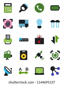Color and black flat icon set - phone vector, bomb in case, bulb, printer, consolidated cargo, route, satellite antenna, video camera, speaker, hdmi, data exchange, eye id, battery, notebook pc
