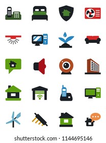 Color and black flat icon set - office building vector, house, radio phone, bedroom, cushioned furniture, rolling pin, irrigation, web camera, air conditioner, pc, sound, garage gate control