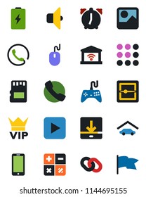 Color and black flat icon set - vip vector, mobile phone, calculator, mouse, gamepad, chain, play button, call, menu, gallery, alarm, scanner, sd, download, garage, sound, gate control, battery