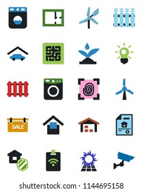 Color and black flat icon set - warehouse storage vector, garage, plan, estate document, sale, insurance, chip, fingerprint, irrigation, washer, radiator, bulb, sun panel, windmill, pass card