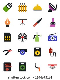 Color and black flat icon set - satellite antenna vector, pruner, sickle, garden sprayer, dropper, radio, speaker, rca, themes, sim, ink pen, heater, dish, knife, water, web camera, sprinkler