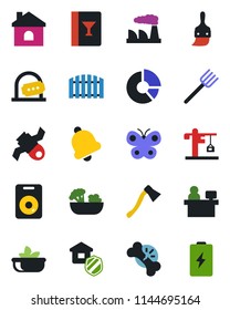 Color and black flat icon set - ticket office vector, manager place, factory, circle chart, farm fork, butterfly, house, axe, broken bone, satellite, speaker, themes, bell, fence, crane, wine card