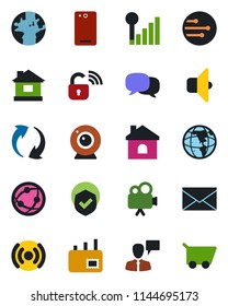 Color and black flat icon set - speaking man vector, mail, house, earth, shield, video camera, network, phone back, message, update, cellular signal, wireless lock, web, sound, cart